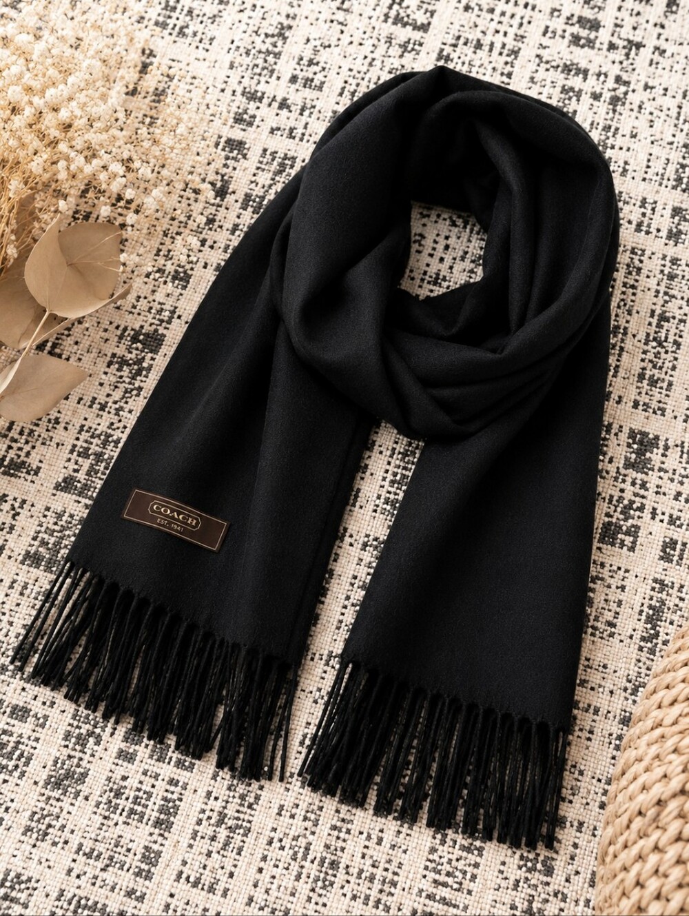 Coach Black Wool Cashmere Scarf 90/10 Fringe Quiet Luxury Classic 10x69 CC